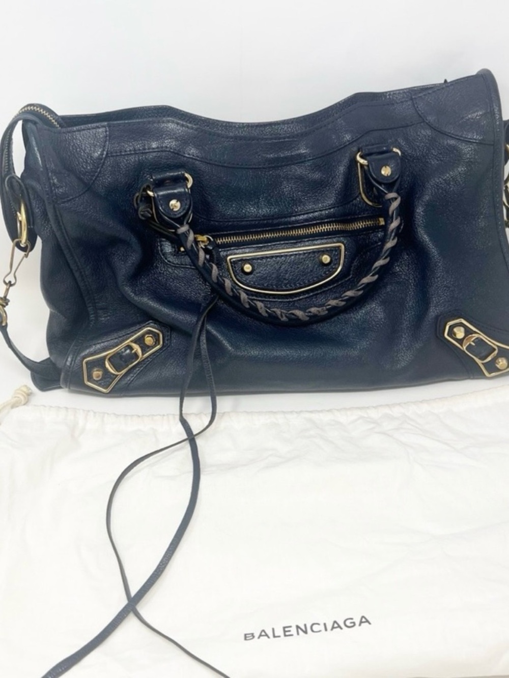 Balenciaga Blue Leather Braided-Handle Shoulder Bag with Gold Hardware